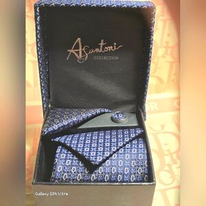A. Santoni Collection Tie with Pocket Hankie, Cuff Links In Box New